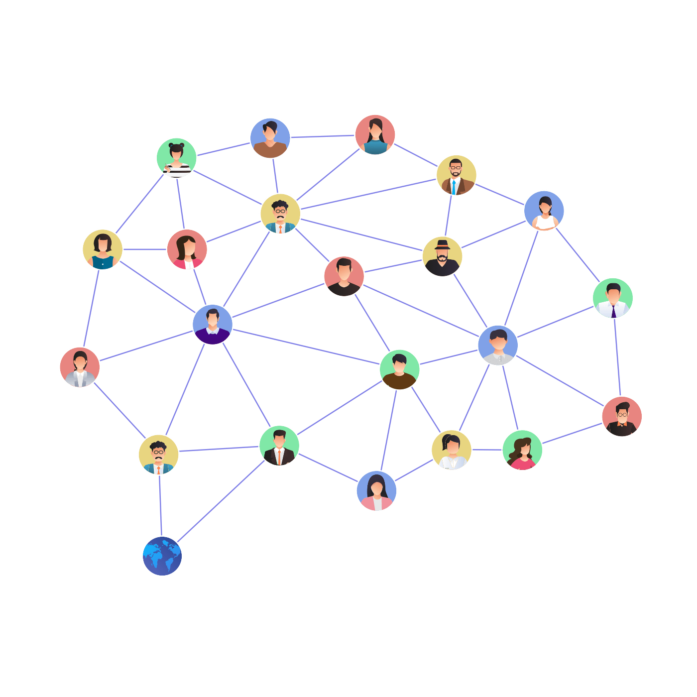 Nodes of different people connected in a brain-shaped graph.
